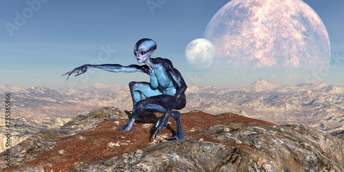 3d illustration of an female extraterrestrial looking at an alien world with an upheld arm pointing while crouching on a mountain top with large and small moons in the background.