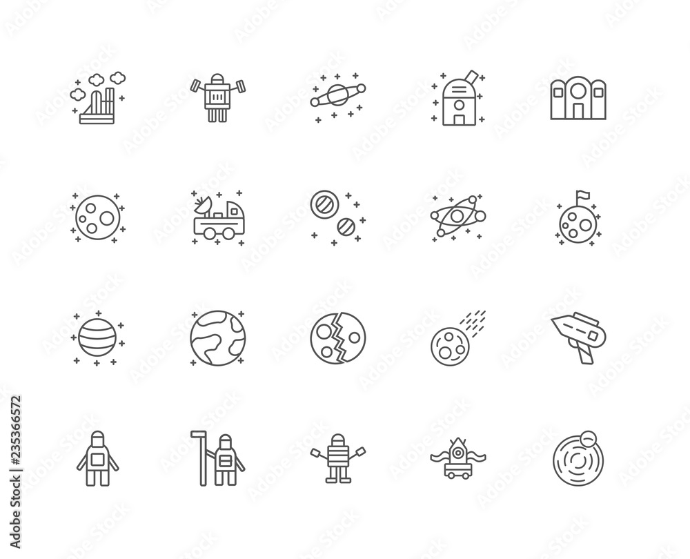20 linear icons related to Planet, Alien, Astronaut, Nasa, Galax 20 linear icons related to Planet, Alien, Astronaut, Nasa, Galax