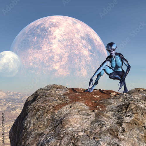 3d illustration of an female extraterrestrial looking at an alien world while crouching on a large boulder with large and small moons in the background.