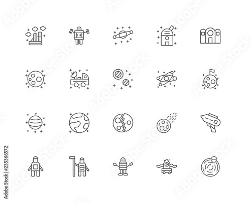 20 linear icons related to Planet, Alien, Astronaut, Nasa, Galax