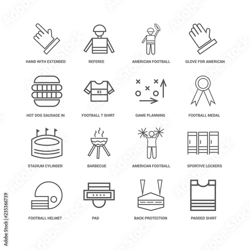 16 linear icons related to Glove for american football player, B