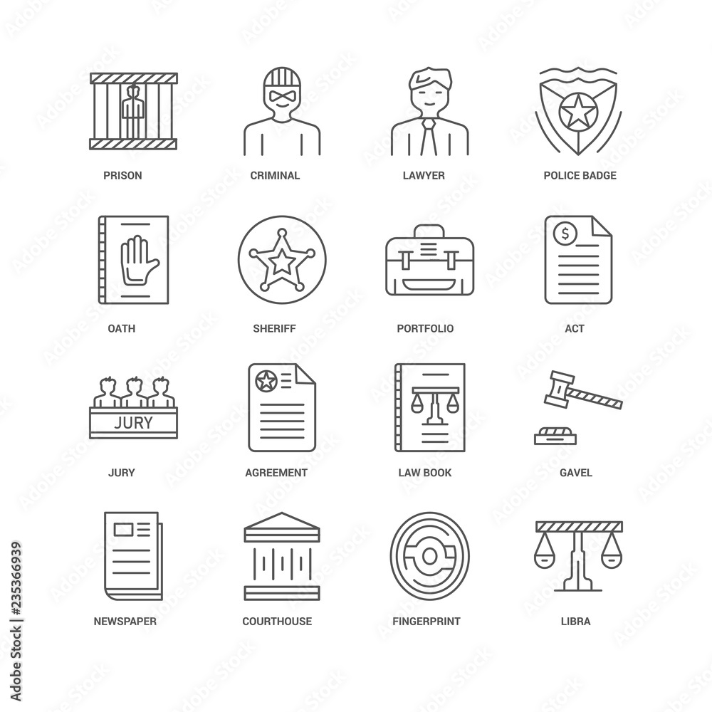 16 linear icons related to Libra, Sheriff, Prison, undefined, Ga 16 linear icons related to Libra, Sheriff, Prison, undefined, Ga
