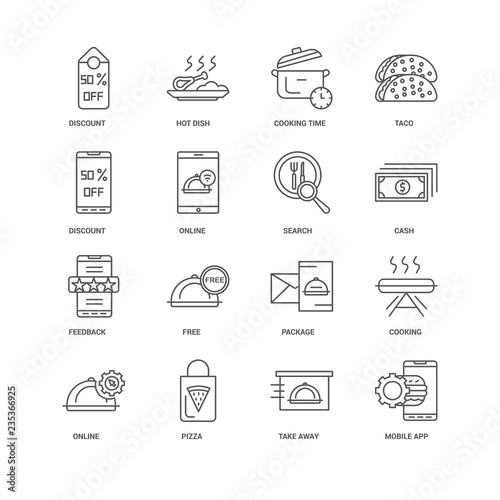 16 linear icons related to Mobile app, Online, Discount, undefin