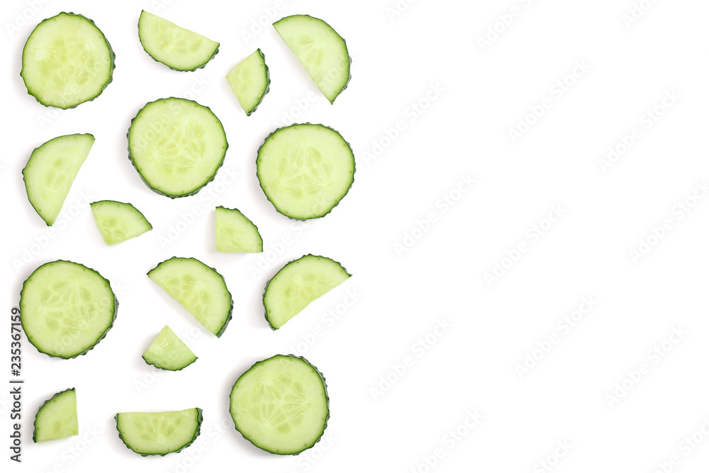 Cucumber slices isolated on white background with copy space for your text. Top view. Flat lay pattern. Set or collection Cucumber slices isolated on white background with copy space for your text. Top view. Flat lay pattern. Set or collection