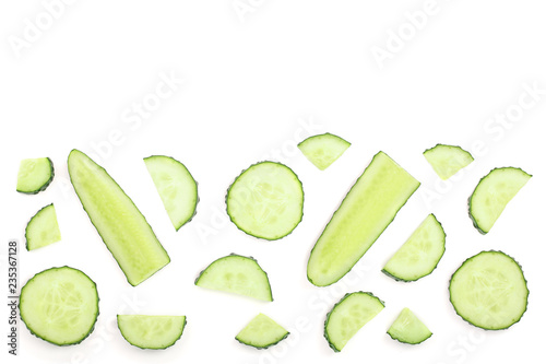 Cucumber slices isolated on white background with copy space for your text. Top view. Flat lay pattern. Set or collection