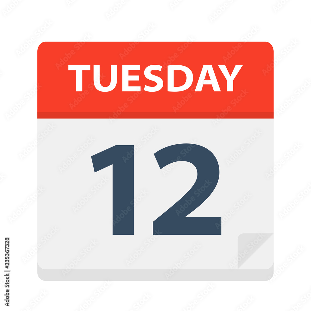 Tuesday 12 - Calendar Icon. Vector illustration of week day paper leaf. Tuesday 12 - Calendar Icon. Vector illustration of week day paper leaf.