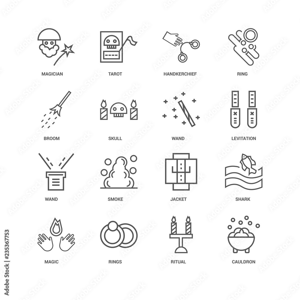 16 linear icons related to Cauldron, Ritual, Rings, Magic, Shark 16 linear icons related to Cauldron, Ritual, Rings, Magic, Shark