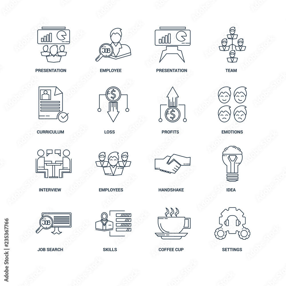 Fototapeta premium Set Of 16 outline icons such as Settings, Coffee cup, Skills, Jo