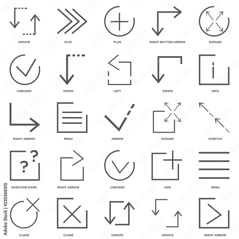 25 linear icons related to Right arrow, Update, close, info, Exp 25 linear icons related to Right arrow, Update, close, info, Exp