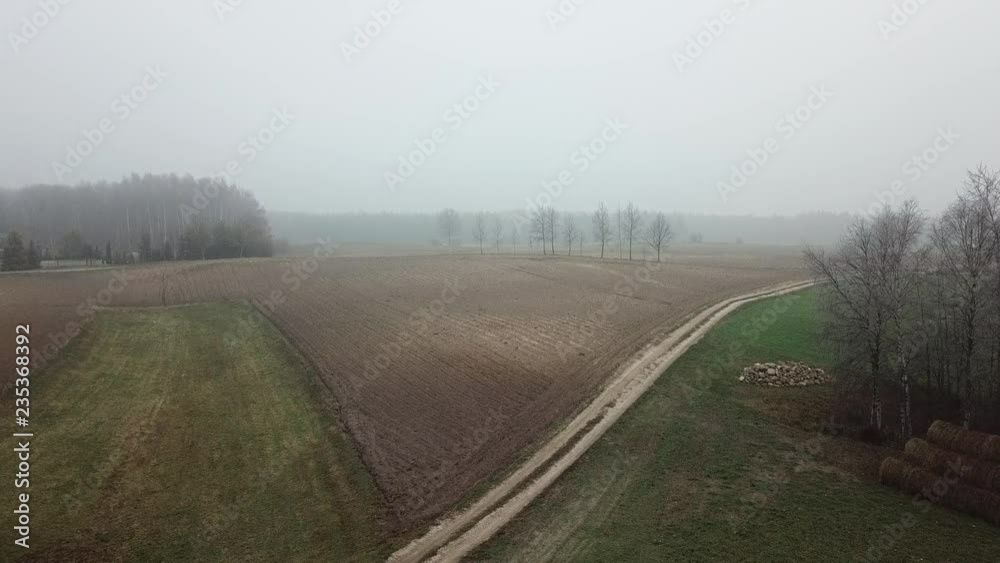 fields meadows forests fog autumn trees bushes hoarfrost fog gray gloomy agricultural landscape road fields meadows forests fog autumn trees bushes hoarfrost fog gray gloomy agricultural landscape road