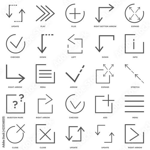 25 linear icons related to Right arrow, Update, close, info, Exp