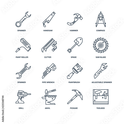 Set Of 16 outline icons such as Toolbox, Pickaxe, Anvil, Drill,