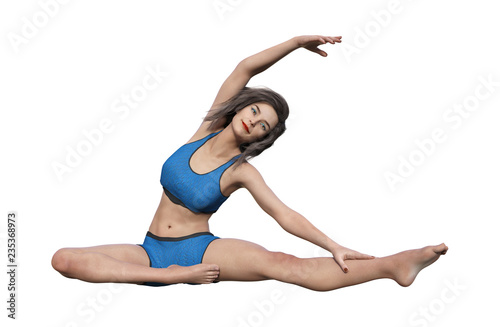 3d illustration of a woman exercising doing stretches isolated on a white background.