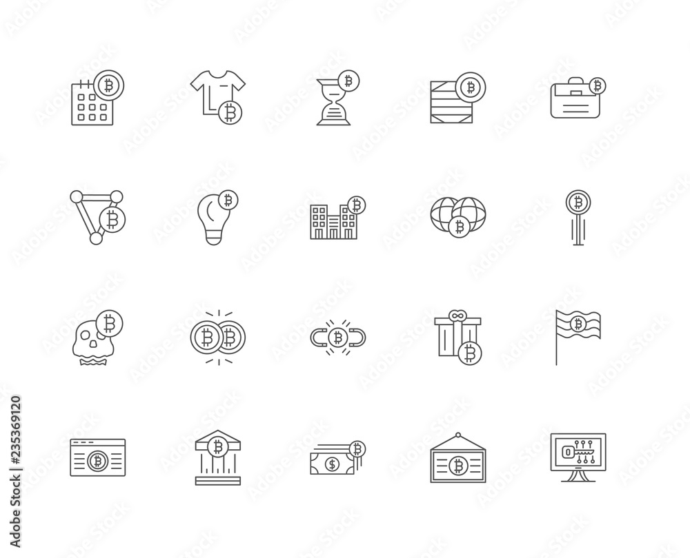 20 linear icons related to Bitcoin, Bitcoin line signs. Vector i 20 linear icons related to Bitcoin, Bitcoin line signs. Vector i