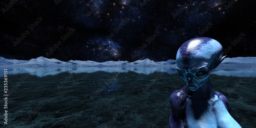 3d illustration of an extraterrestrial on an icy alien world with the universe in the background.