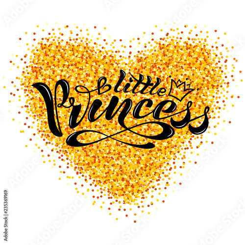 Beautiful handwritten text, calligraphy on a textured background. Vector. Inscription little princess with a crown and hearts for cards, poster, print, logo, print for clothes