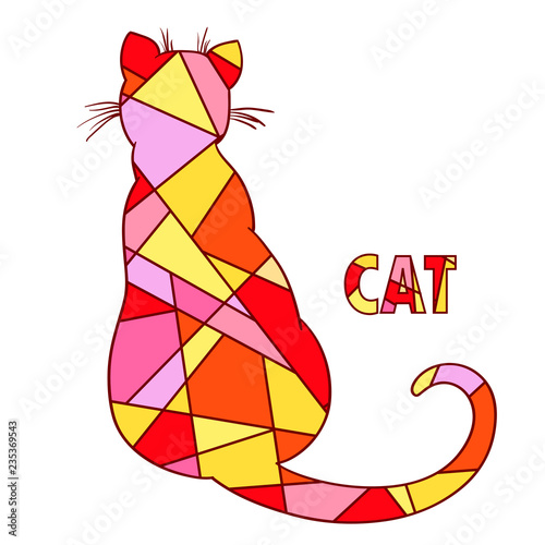 Cat on white. Hand drawn mosaic animal with tiled patterns on isolation background. Design for spiritual relaxation for adults. Doodle for banners, posters, t-shirts and textiles