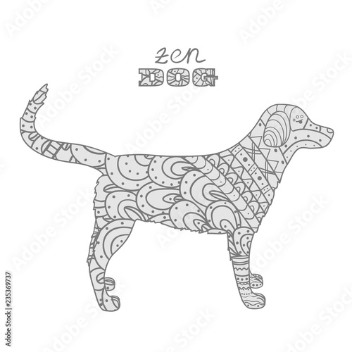 Dog on white. Hand drawn animal with abstract patterns on isolation background. Design for spiritual relaxation for adults. Zentangle. Doodle for banners  posters  t-shirts and textiles