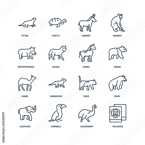 Set Of 16 outline icons such as Polaroid, Cassowary, Hornbill, E