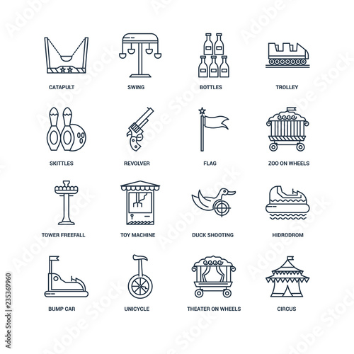 Set Of 16 outline icons such as Circus, Theater On Wheels, Unicy