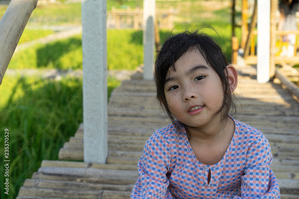 Portrait Cute little girl Asian happy background Rice field Portrait Cute little girl Asian happy background Rice field