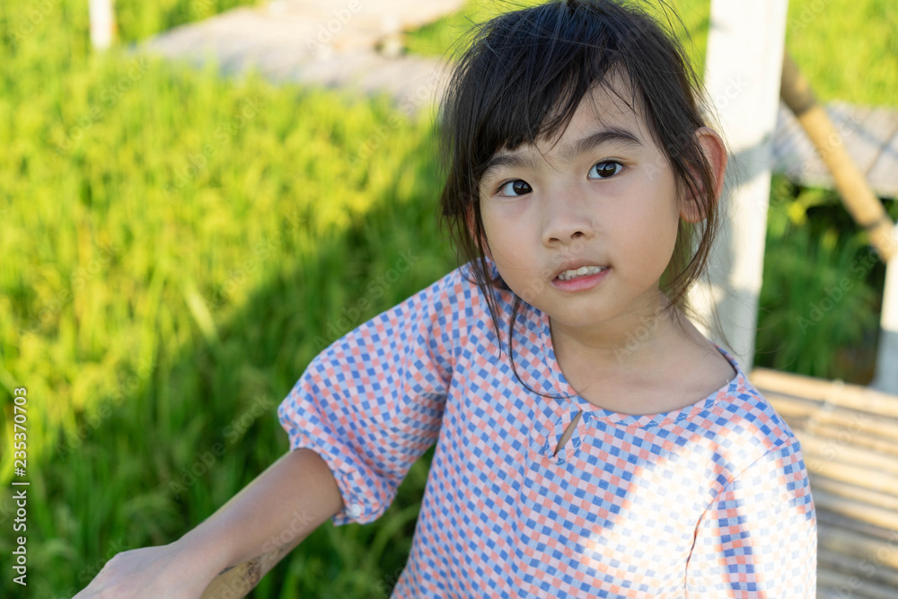 Portrait Cute little girl Asian happy background Rice field Portrait Cute little girl Asian happy background Rice field