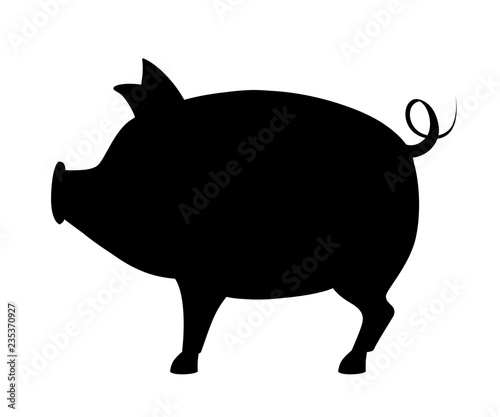 Black silhouette. Big pig with curly tail. Farm domestic animal. Flat style animal design. Vector illustration isolated on white background