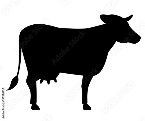 Black silhouette. Cute cow. Farm domestic animal. Flat style animal design. Vector illustration isolated on white background