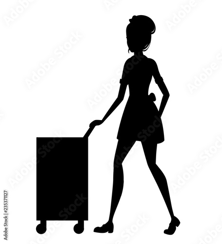 Black silhouette. Beautiful maid in classic french outfit. Cartoon character design. Women with brown short hair. Hotel staff engaged in performance of service duties. Flat vector illustration