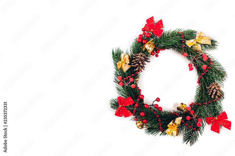Christmas wreath with decoration on white background. Christmas and New Year background