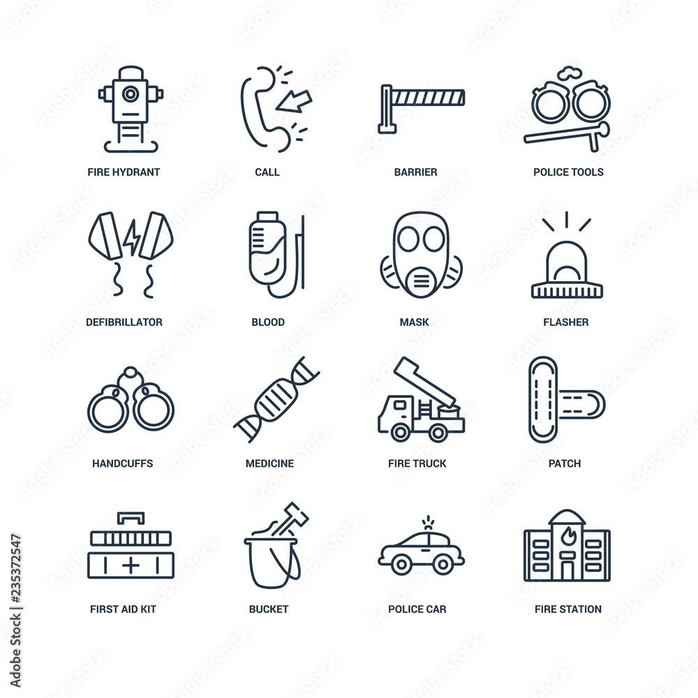 Fototapeta premium Set Of 16 outline icons such as Fire station, Police car, Bucket
