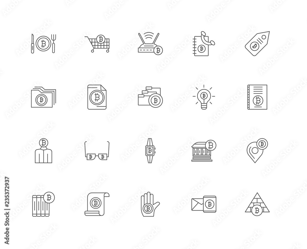 20 linear icons related to Bitcoin, Bitcoin line signs. Vector i 20 linear icons related to Bitcoin, Bitcoin line signs. Vector i