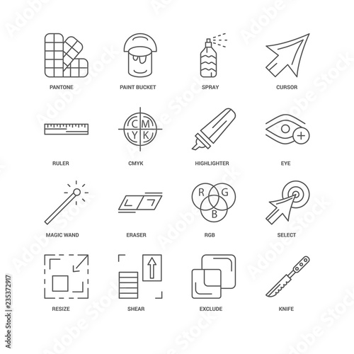 16 linear icons related to Knife, Exclude, Shear, Resize, Select