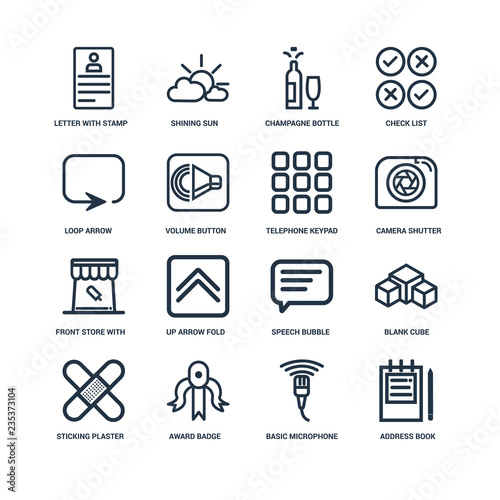 Set Of 16 outline icons such as Address book, Basic microphone,
