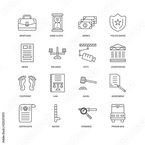 16 linear icons related to Prison bus, Balance, Briefcase, undef photo