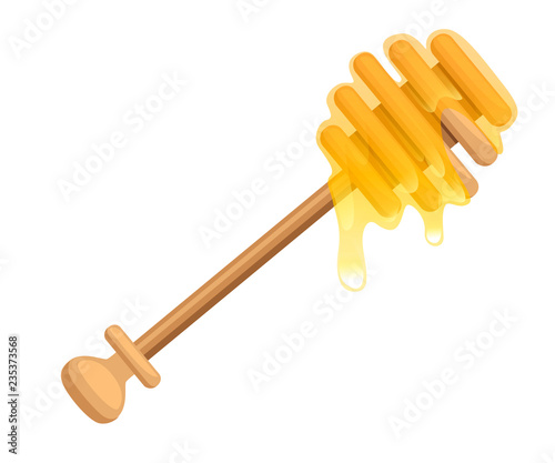 Wooden honey dipper. Honey stick, flowing honey. Kitchen utensil used to collect honey. Flat vector illustration isolated on white background