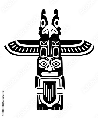 Black silhouette. Indian Totem. Wooden object symbol animal plant representation family clan tribe. Flat vector illustration isolated on white background