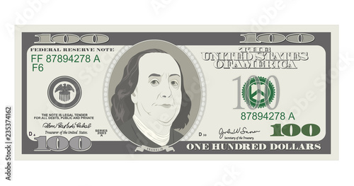 100 Dollars Banknote, bill one hundred dollars, american president Benjamin Franklin.