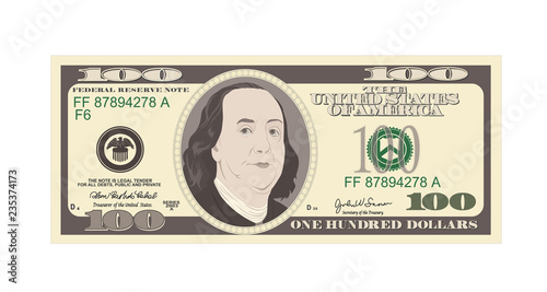 100 Dollars Banknote, bill one hundred dollars, american president Benjamin Franklin.