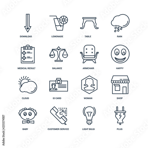 Set Of 16 outline icons such as Plug, Light bulb, Customer servi