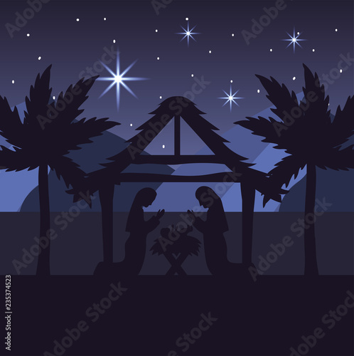 mary and joseph with jesus in the manger and palm trees