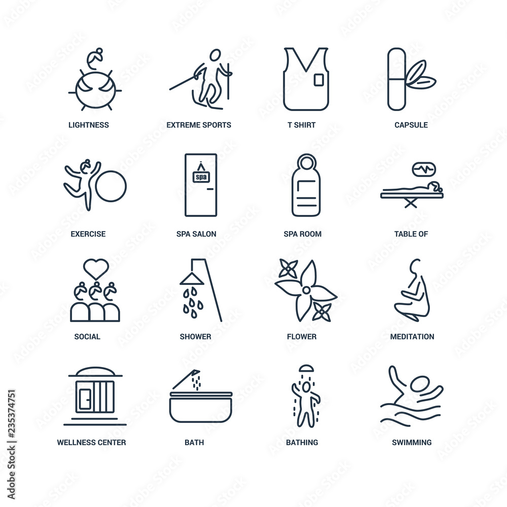 Set Of 16 outline icons such as Swimming, Bathing, Bath, Wellnes - obrazy, fototapety, plakaty 