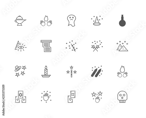 20 linear icons related to Skull, Dust, Cards, Zombie, Tarot, Bo