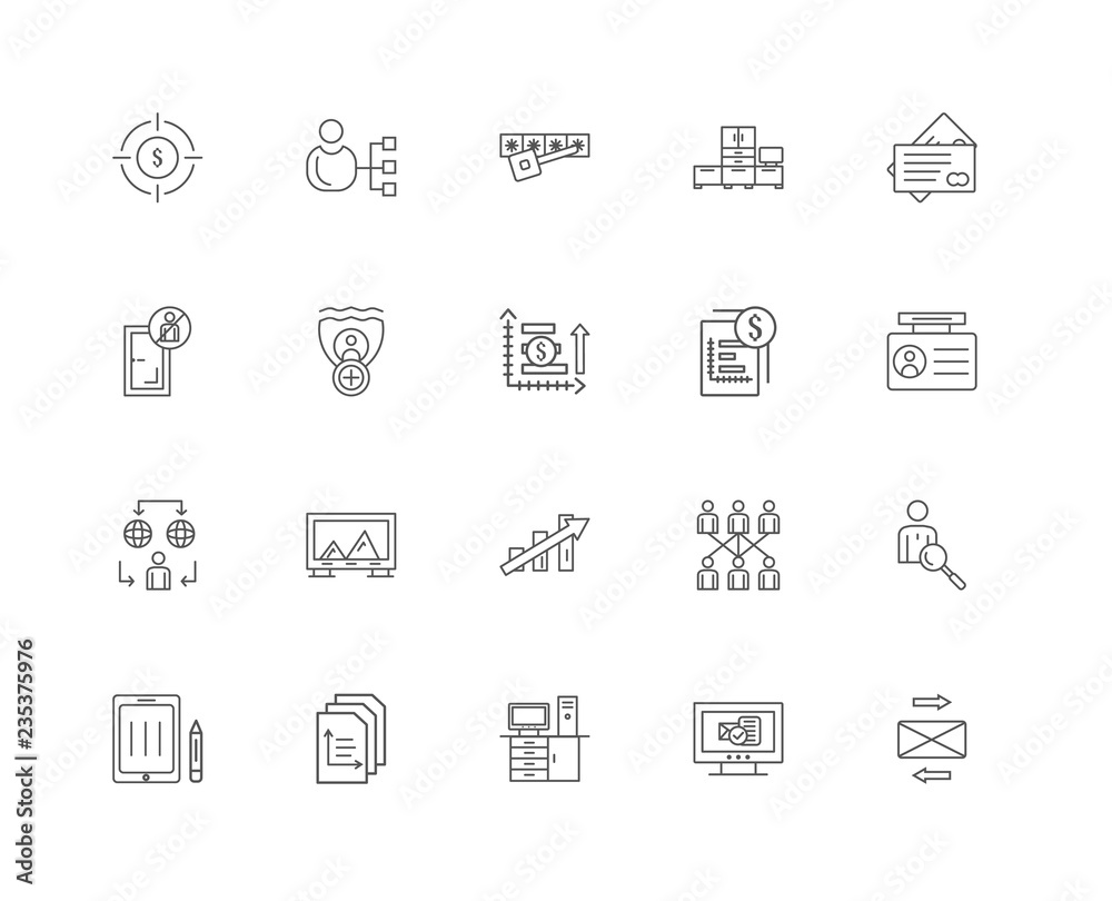 20 linear icons related to Mailing, Id card, Cit Furniture, Grap 20 linear icons related to Mailing, Id card, Cit Furniture, Grap