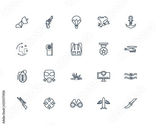 Set Of 20 outline icons such as Knife, Airplane, Binoculars, Tar