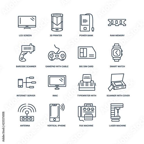 Set Of 16 outline icons such as Laser Machine, Fax Vertical iPho photo