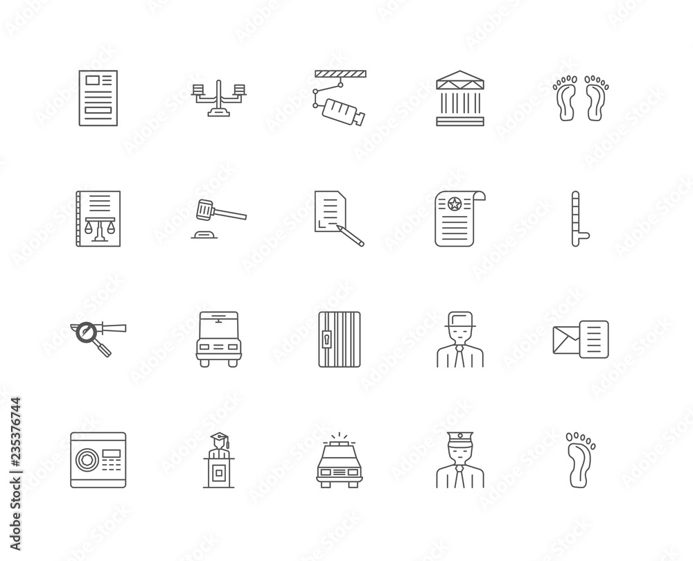 20 linear icons related to Footprint, Baton, Courthouse, Safebox 20 linear icons related to Footprint, Baton, Courthouse, Safebox