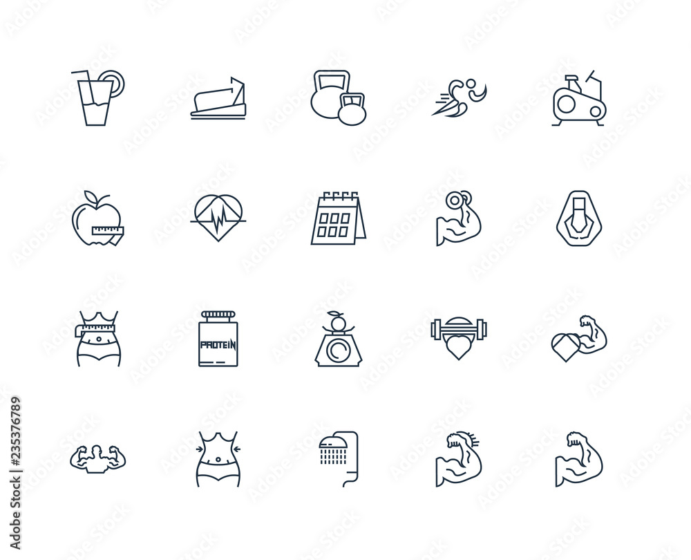 Set Of 20 outline icons such as Muscle, Shower, Abs, Stationary Set Of 20 outline icons such as Muscle, Shower, Abs, Stationary
