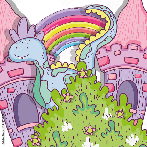 fantastic dragn creature with castle and rainbow photo
