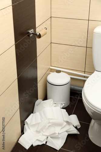 Soft toilet paper unrolled from holder on floor in bathroom